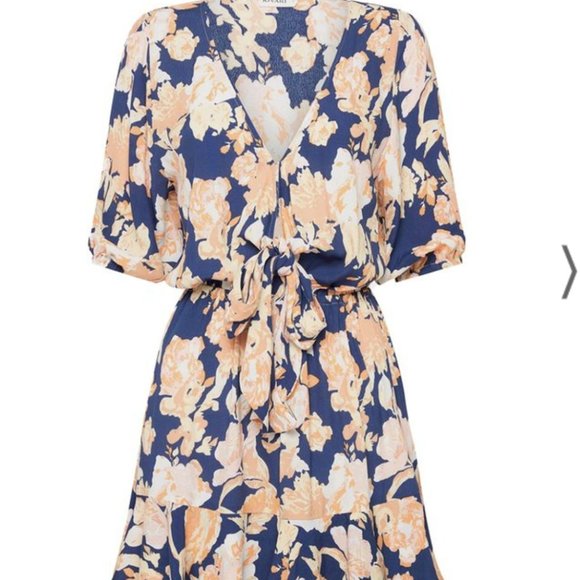 Kivari Briar Floral Tie Front Mini Dress Navy Peach Tiered Medium - Picture 6 of 6